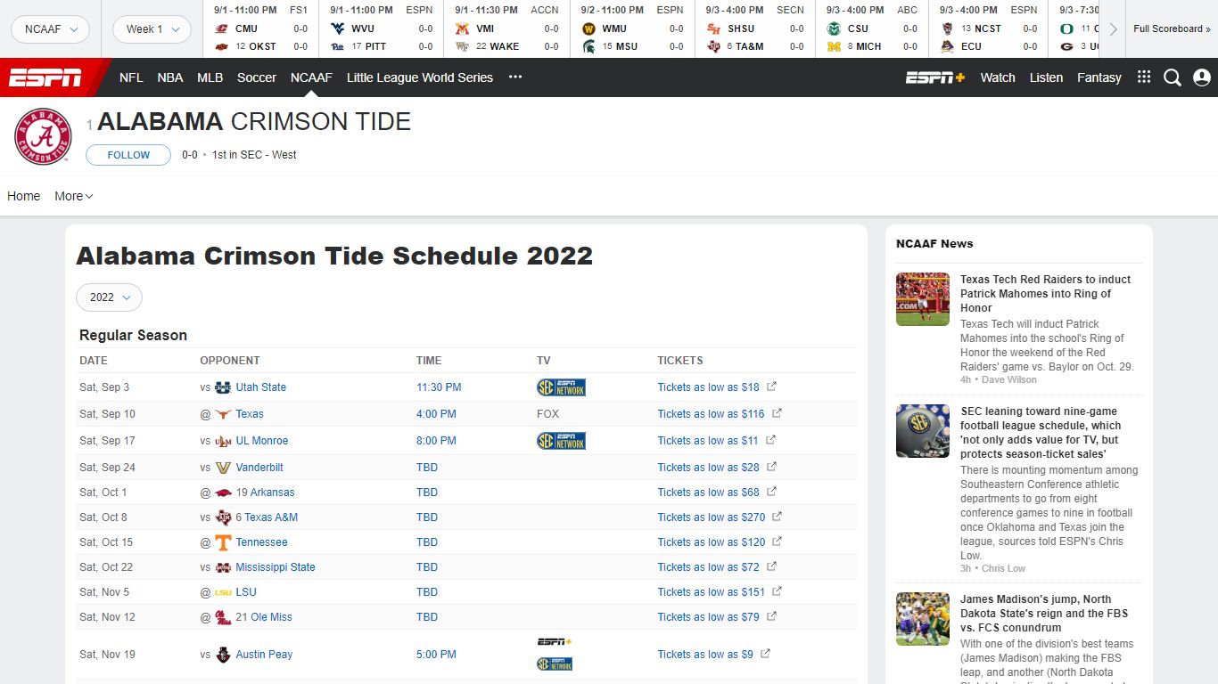 2022 Alabama Crimson Tide Schedule | ESPN